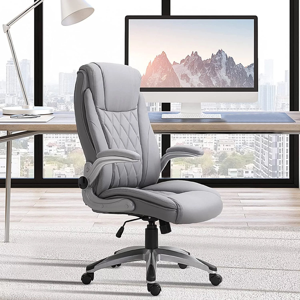 Grey Faux Leather Ergonomic Home Office Chair with Flip Up Arms J70094