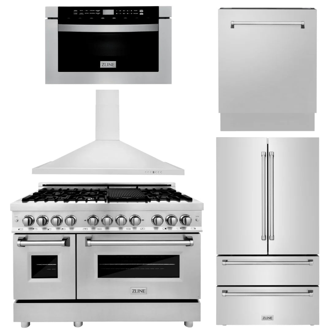 48 in. Dual Fuel Range, Range Hood, Microwave Drawer, Dishwasher, Refrigerator O821365