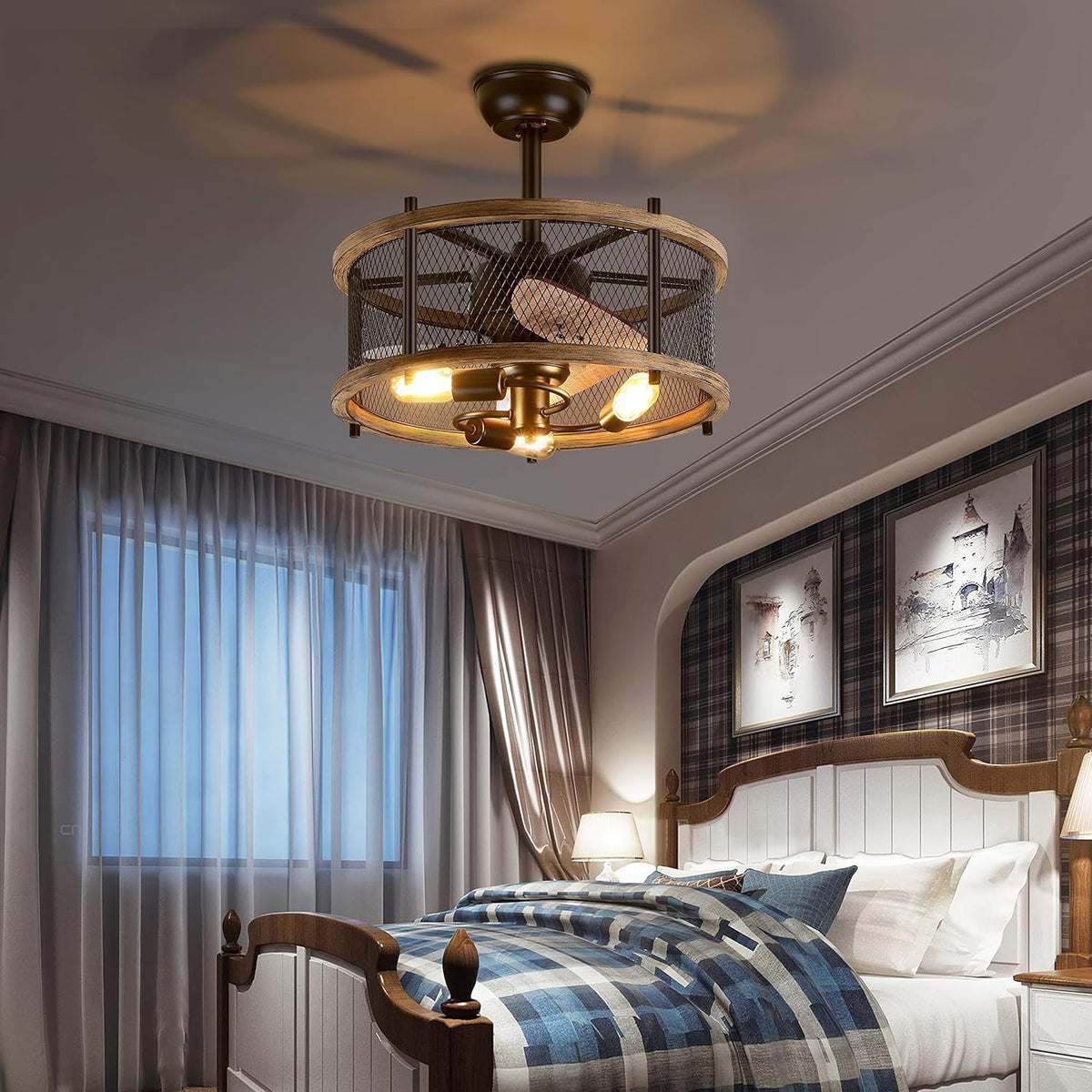 20-inch Industrial Caged Ceiling Fan with Lights Remote Control Q538793