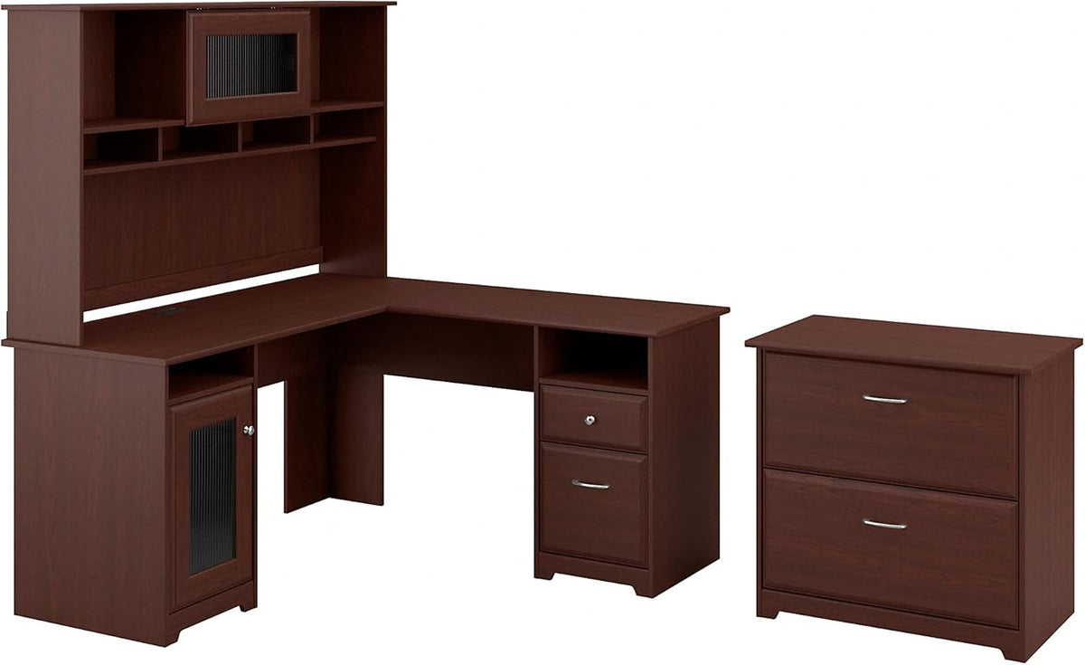L Shaped Desk with Hutch and Lateral File Cabinet Q657