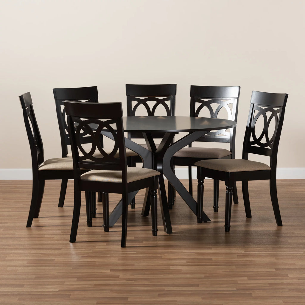 Sand Fabric Upholstered Dark Brown Wood 7-Piece Dining Set P7686