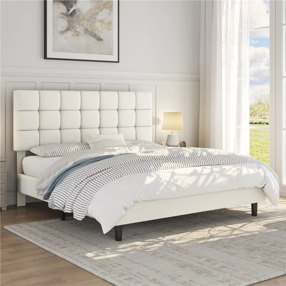 Queen Size Beige Upholstered Platform Bed X5488