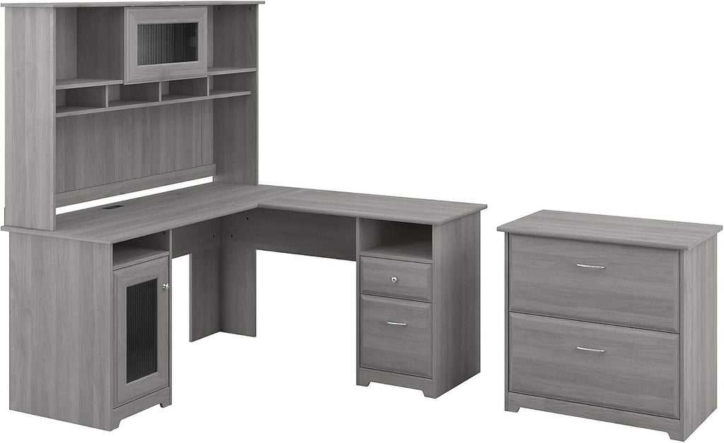 L Shaped Desk with Hutch and Lateral File Cabinet Q657