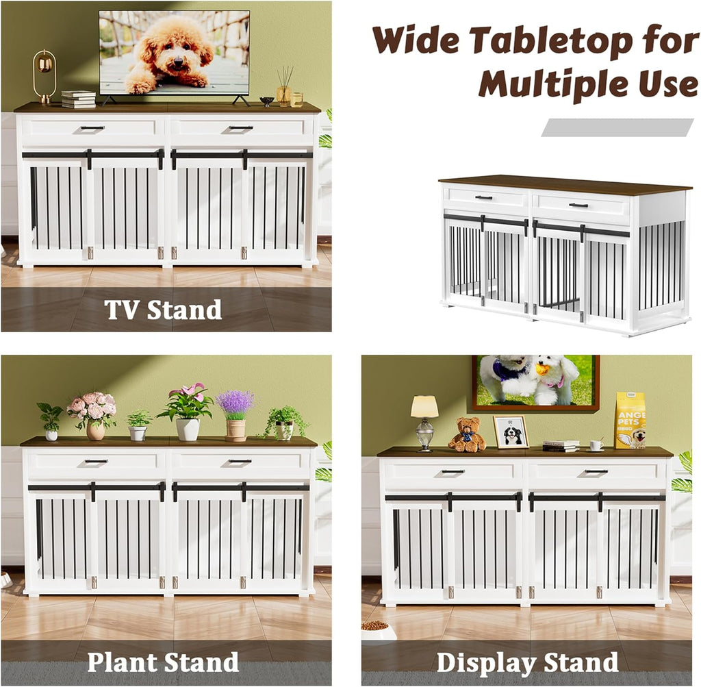 White Wooden Dog Crate with 2 Storage Drawers and Removable Divider G159