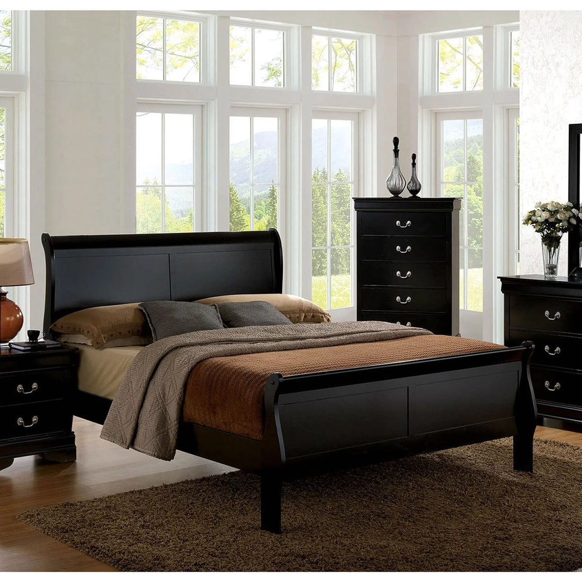 Black Queen Size Solidwood Sleigh Bed Q768000