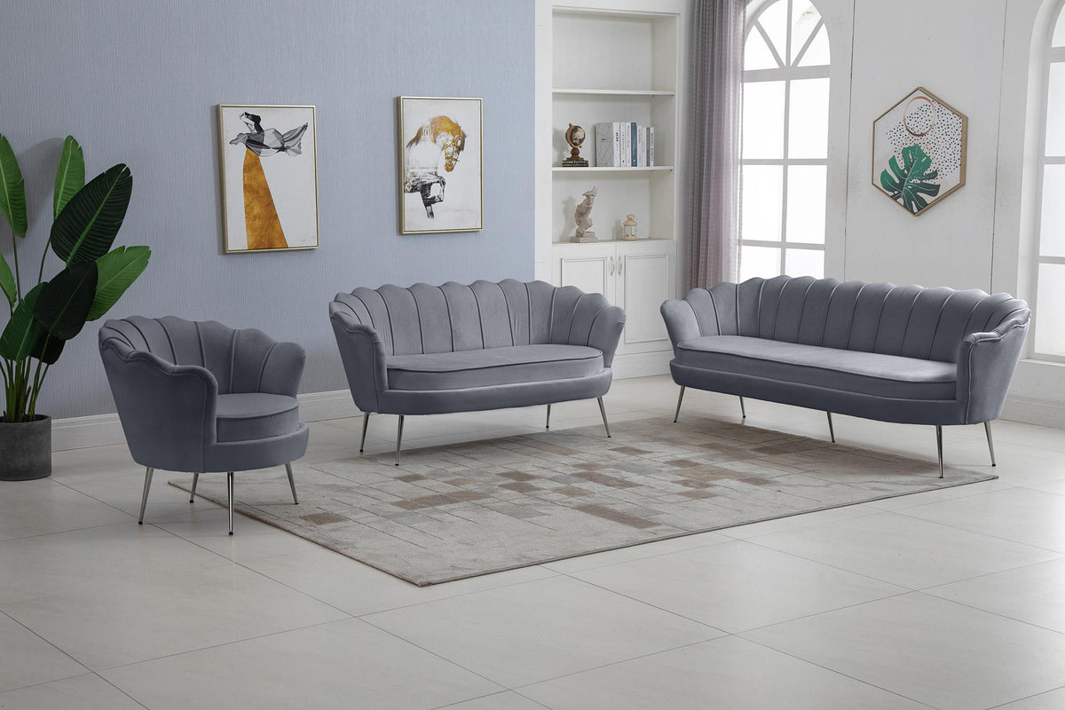 Grey Velvet Channel Tufted Sofa Set 3 Pcs W5915