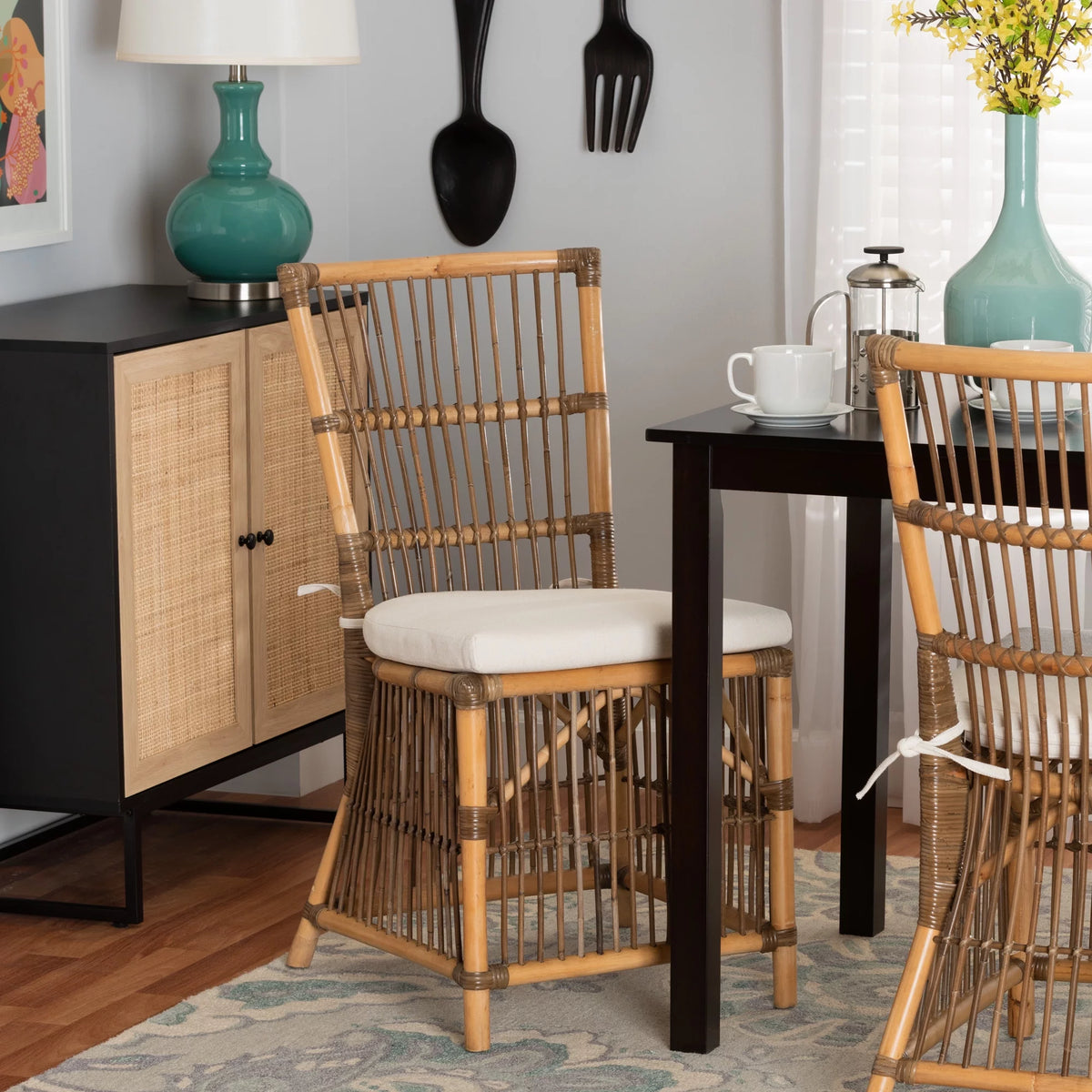 White Fabric and Natural Brown Rattan Dining Chair R89063