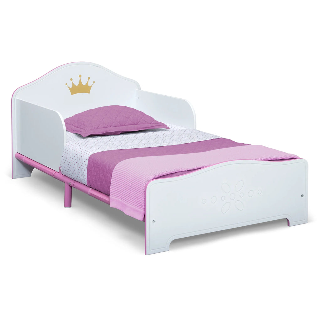 Wood Toddler Bed with Fabric Mattress Support, White/Pink X689317