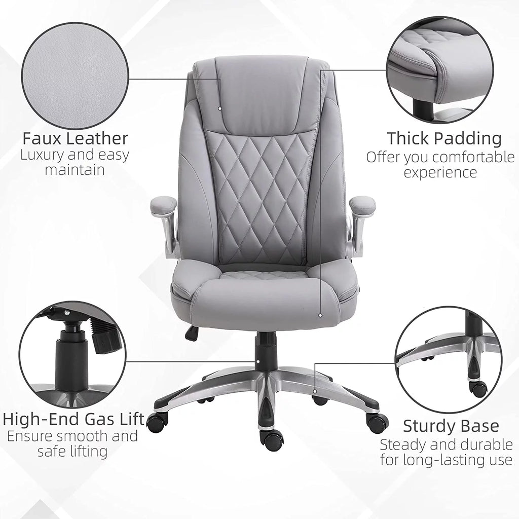 Grey Faux Leather Ergonomic Home Office Chair with Flip Up Arms J70094