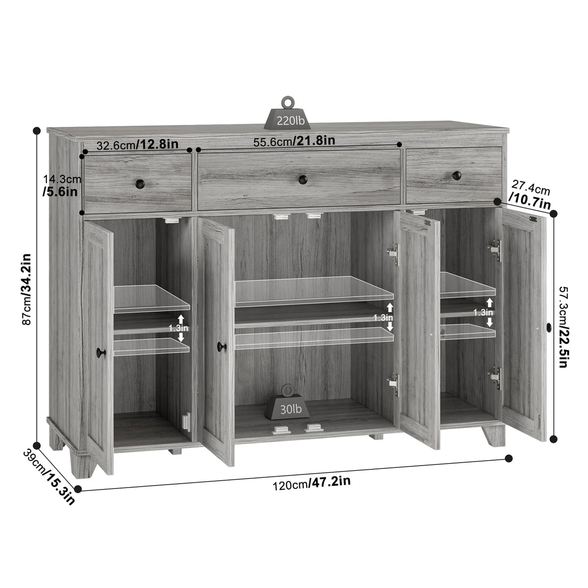White 3 Drawer Buffet Sideboard Cabinet A5461