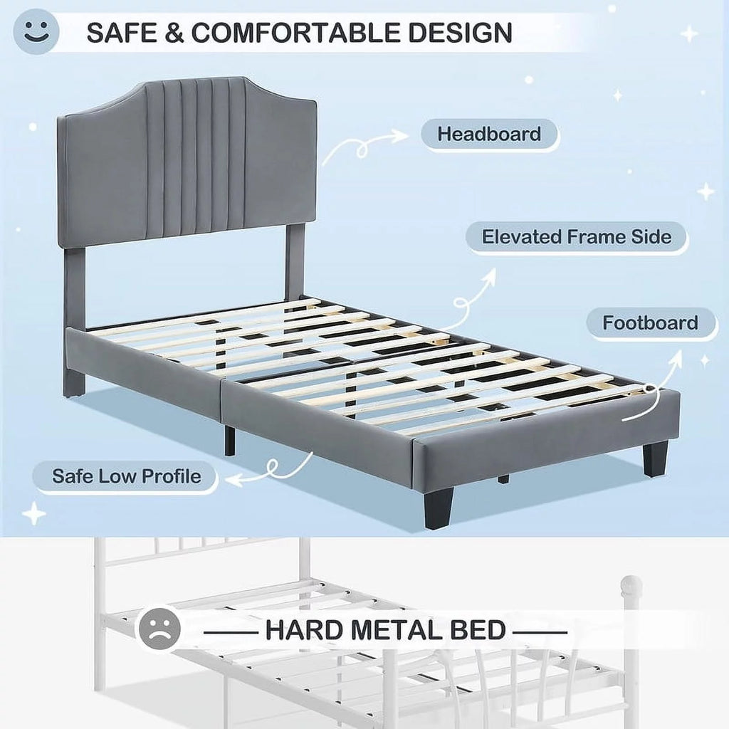 Twin Size Velvet Upholstered Platform Bed Frame with Headboard D176