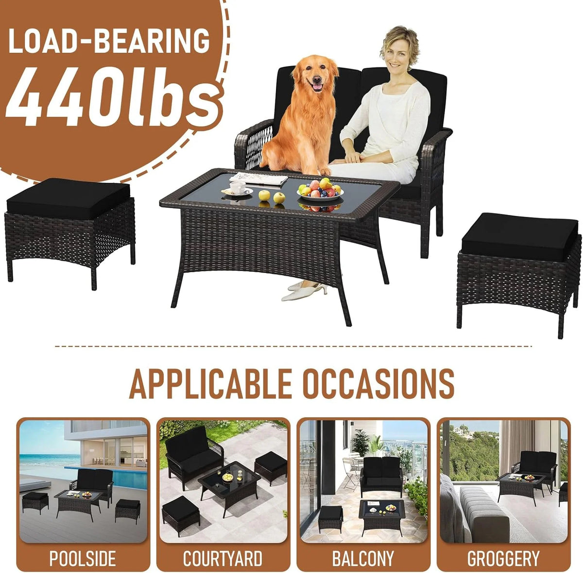 Rattan Wicker Sofa Set with Loveseat and 2 Ottoman G30821