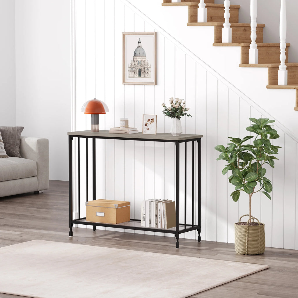 Gray Console Table with Glass Shelf and Metal Frame G16539