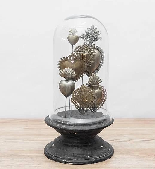 Sacred Hearts on Wood Pedestal with Glass Cloche X8926