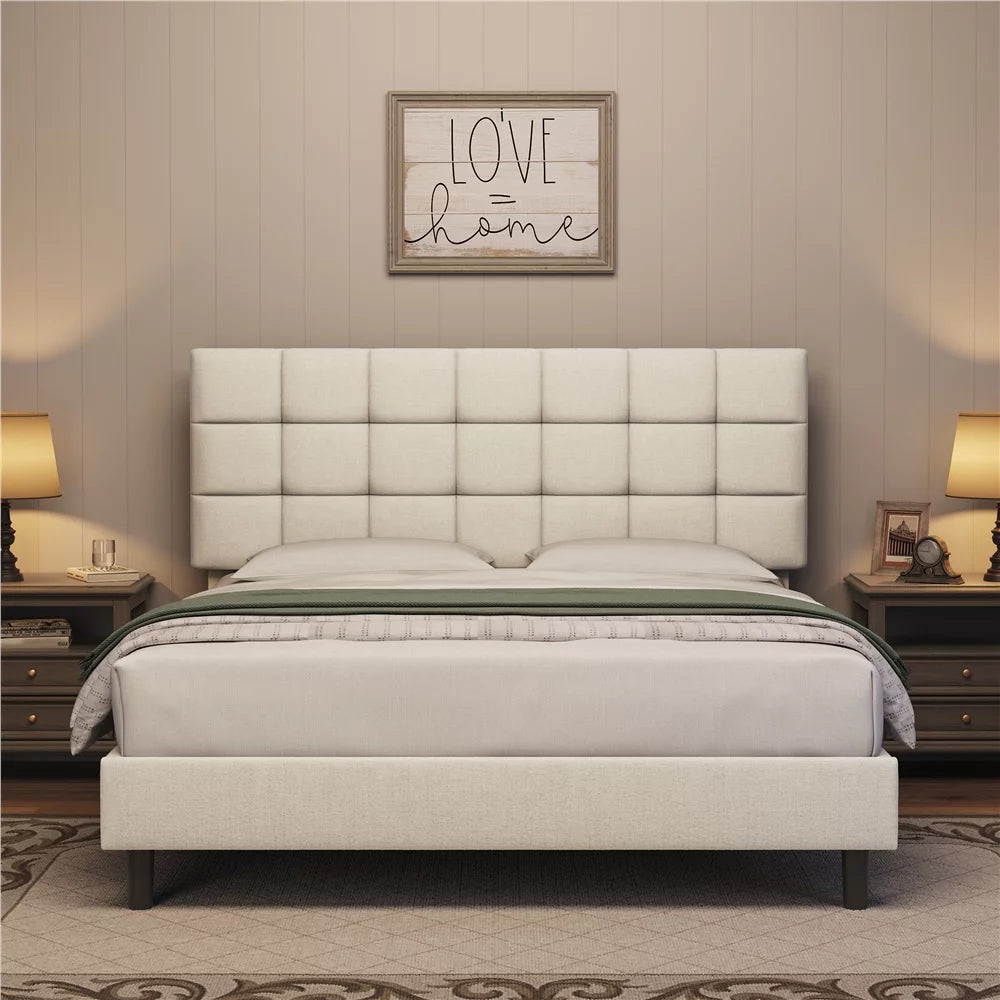 Queen Size Beige Upholstered Platform Bed X5488