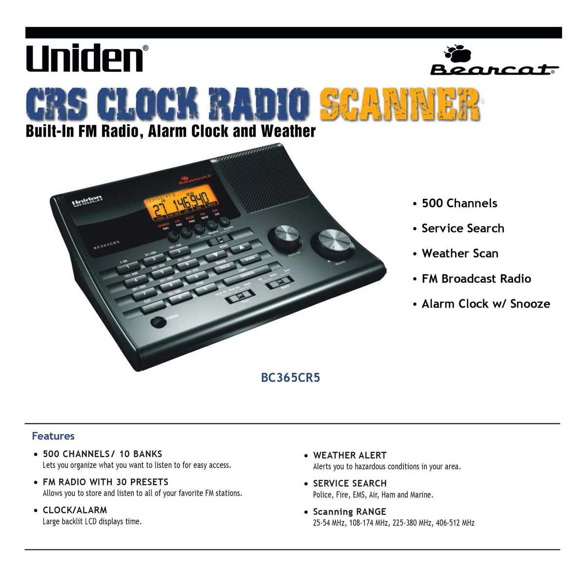 500 Channel Scanner and Alarm Clock with FM Radio and Weather Alert S981