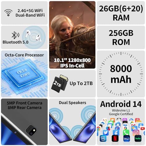 Android 14 Tablet 10 inch with Keyboard, 26GB RAM+256GB ROM, 8000mAh, Black S8642