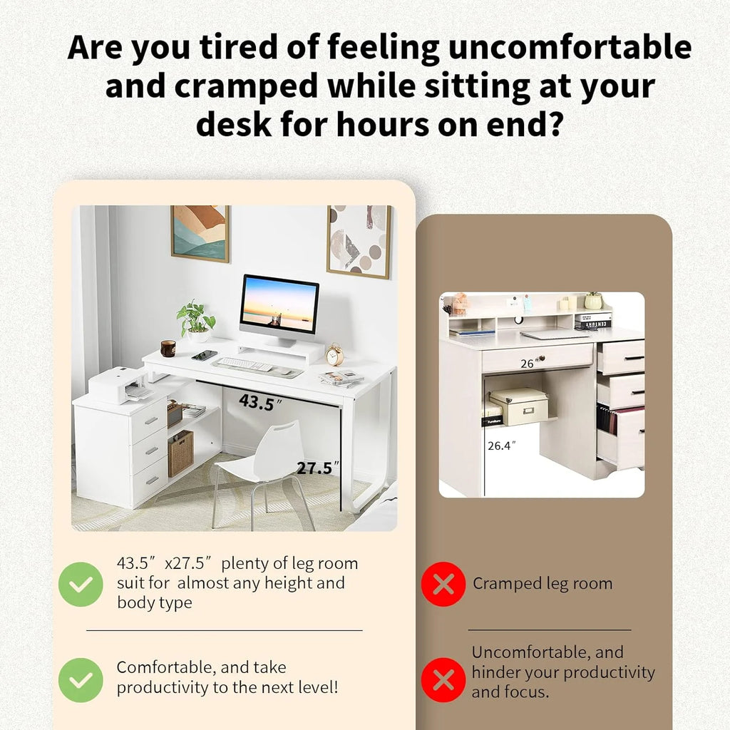 White L Shaped Desk with Drawers 55 inch Reversible Computer Desk with Shelves D947343