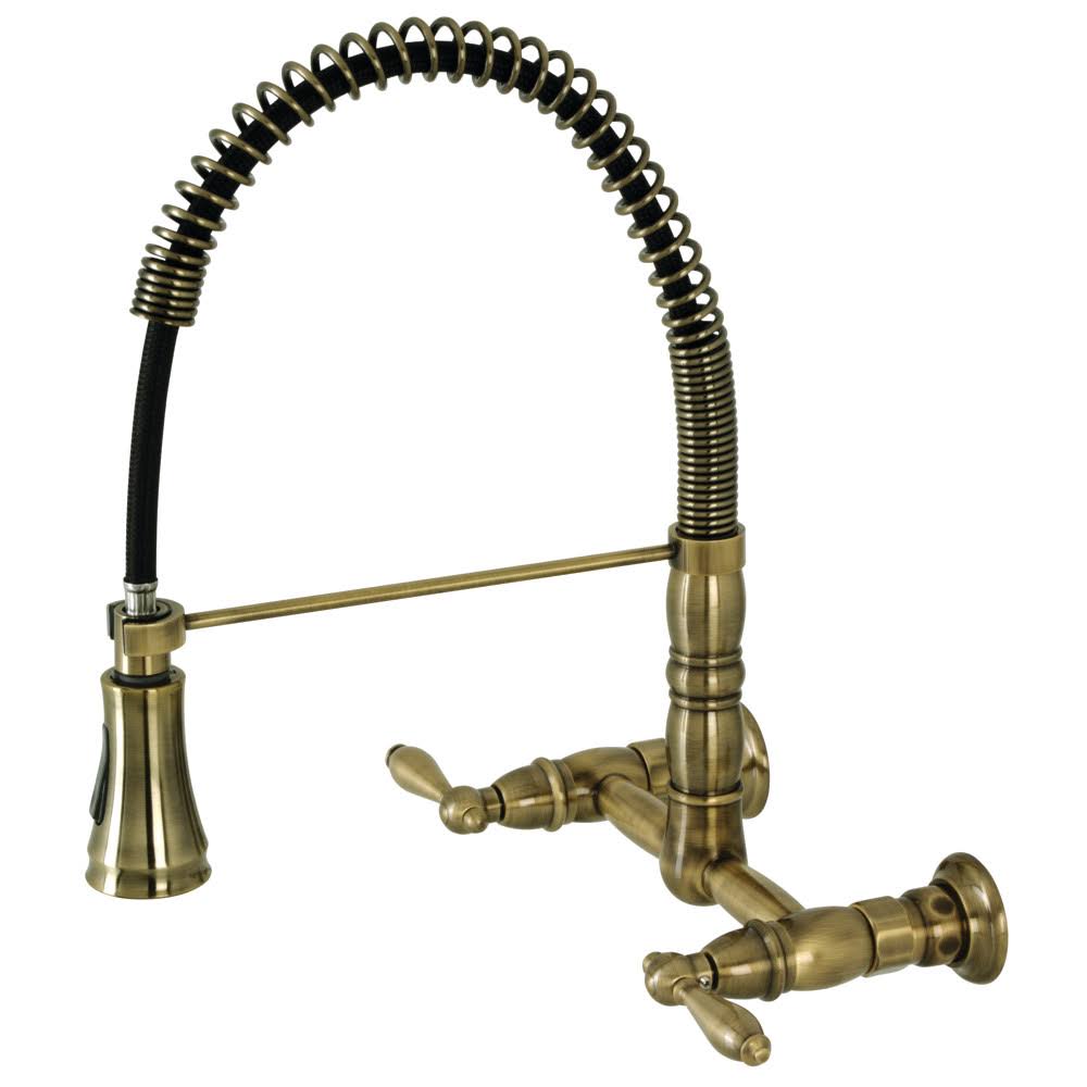 Antique Brass Wall-Mount Pull-Down Sprayer Kitchen Faucet D655