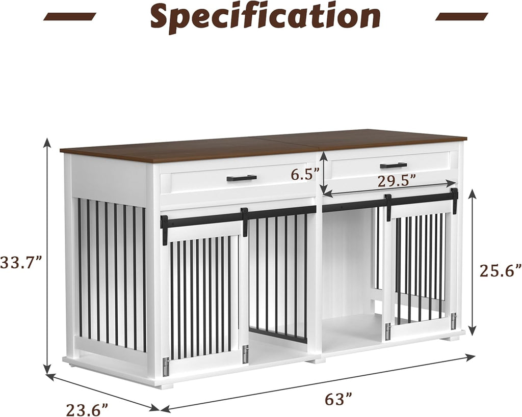 White Wooden Dog Crate with 2 Storage Drawers and Removable Divider G159