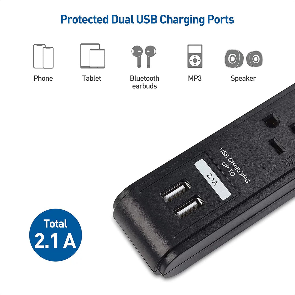 2-Pack 6 Outlet Surge Protector Power Strip with USB Charging Ports, 8 Foot Cord, Black V1251