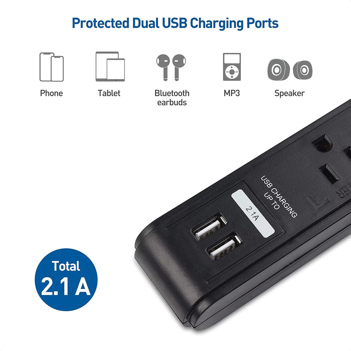 2-Pack 6 Outlet Surge Protector Power Strip with USB Charging Ports, 8 Foot Cord, Black V1251