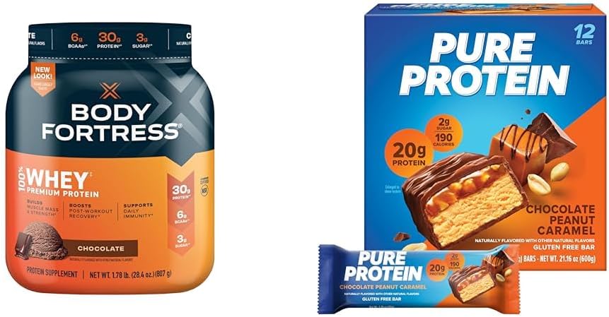 Chocolate Whey Protein Powder 1.78lbs and Chocolate Peanut Caramel Protein Bars 12 Count 1.76oz I73269