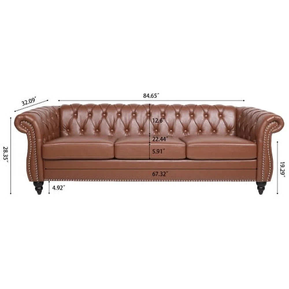 Brown PU Rolled Arm Three Seater Sofa W696
