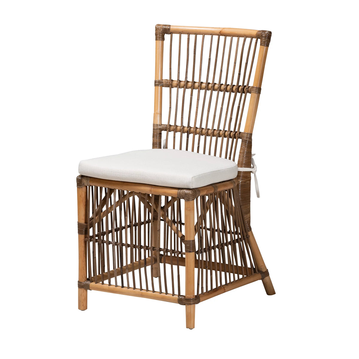 White Fabric and Natural Brown Rattan Dining Chair R89063