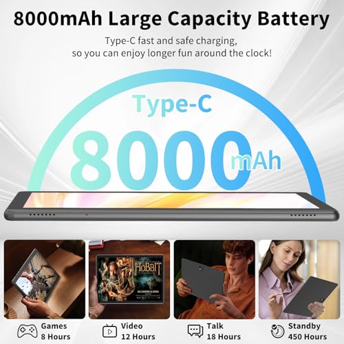 Android 14 Tablet 10 inch with Keyboard, 26GB RAM+256GB ROM, 8000mAh, Black S8642