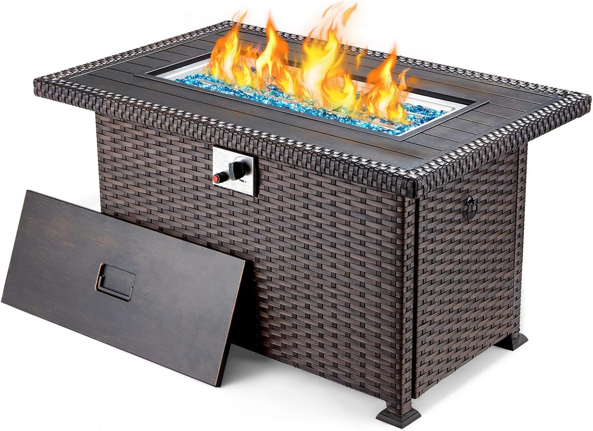 44in Propane Fire Pit Table with Lid Cover Glass Beads I571