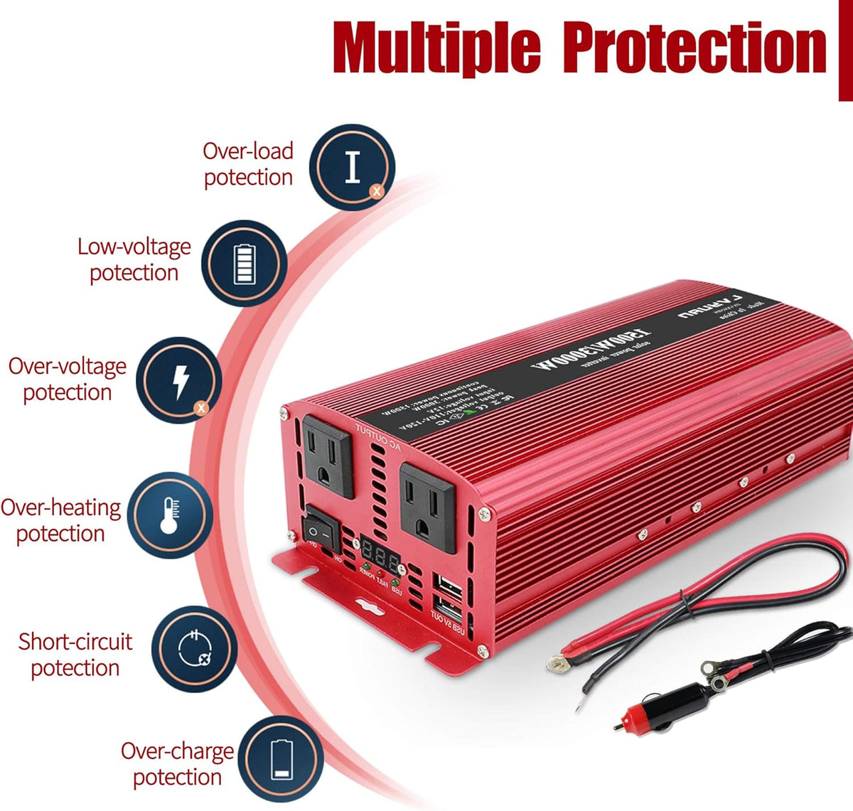1500W Power Inverter Dual AC Outlets Dual USB DC 12V to 110V AC Car Inverter with Digital Display 4 External 40A Fuses Y1009