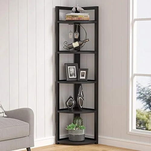6 Tier 70.9 Inch Tall Corner Bookshelf Black I752597