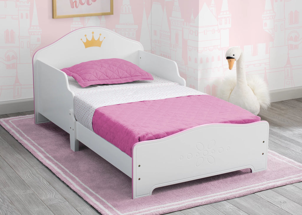 Wood Toddler Bed with Fabric Mattress Support, White/Pink X689317