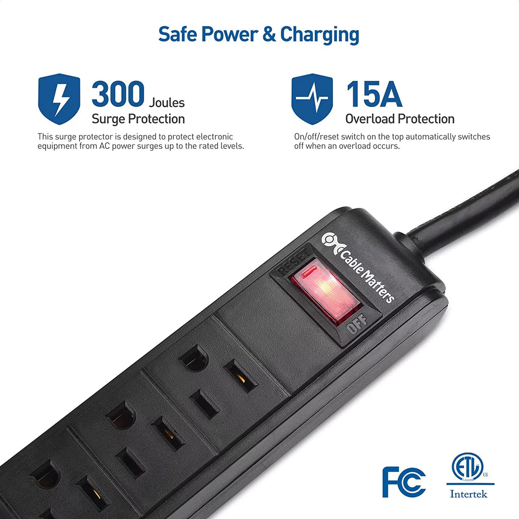 2-Pack 6 Outlet Surge Protector Power Strip with USB Charging Ports, 8 Foot Cord, Black V1251