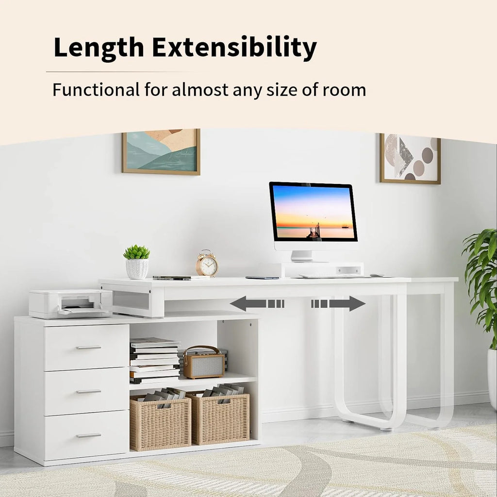 White L Shaped Desk with Drawers 55 inch Reversible Computer Desk with Shelves D947343