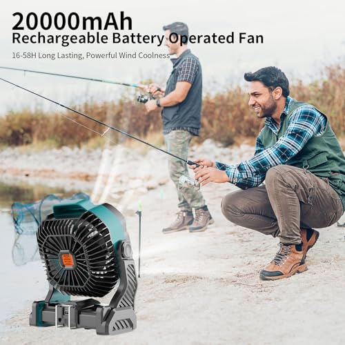 20000mAh Camping Fan with LED Lantern USB Rechargeable 4 Speeds Black E9859