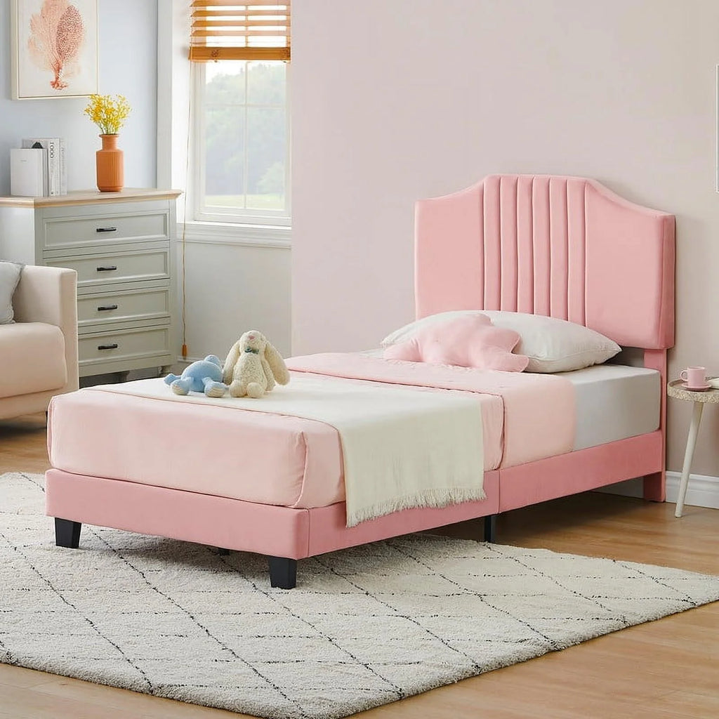 Twin Size Velvet Upholstered Platform Bed Frame with Headboard D176
