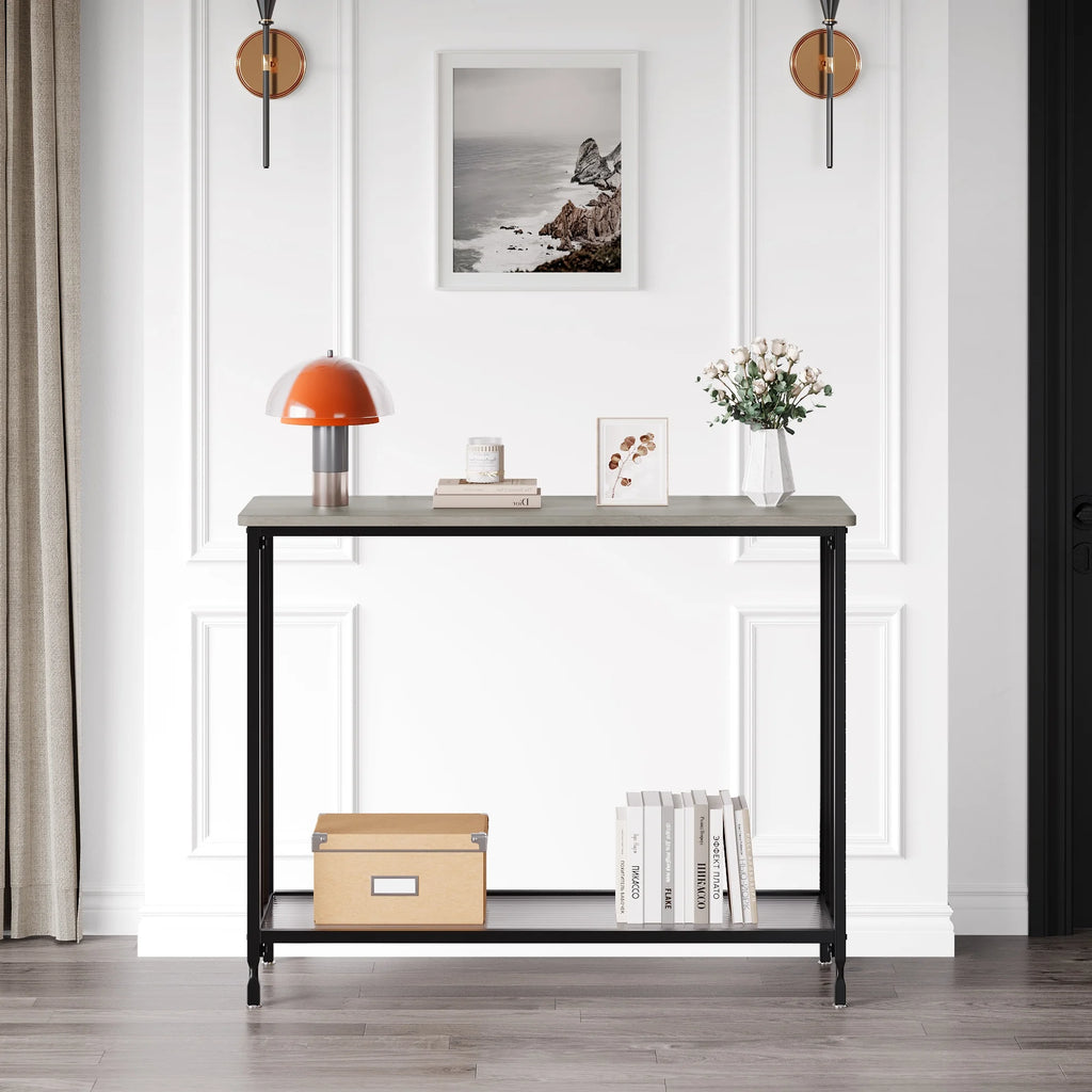 Gray Console Table with Glass Shelf and Metal Frame G16539