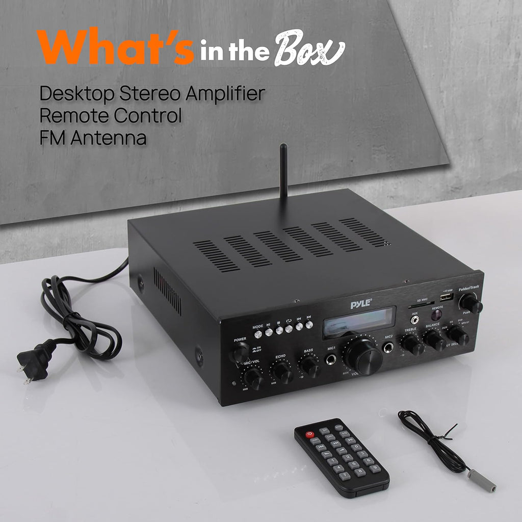 Pyle Compact Bluetooth Stereo Amplifier 200 Watt Desktop Audio Power Amp Receiver with FM Radio, MP3/USB/SD Readers, Digital LCD Display, Microphone Input S317601