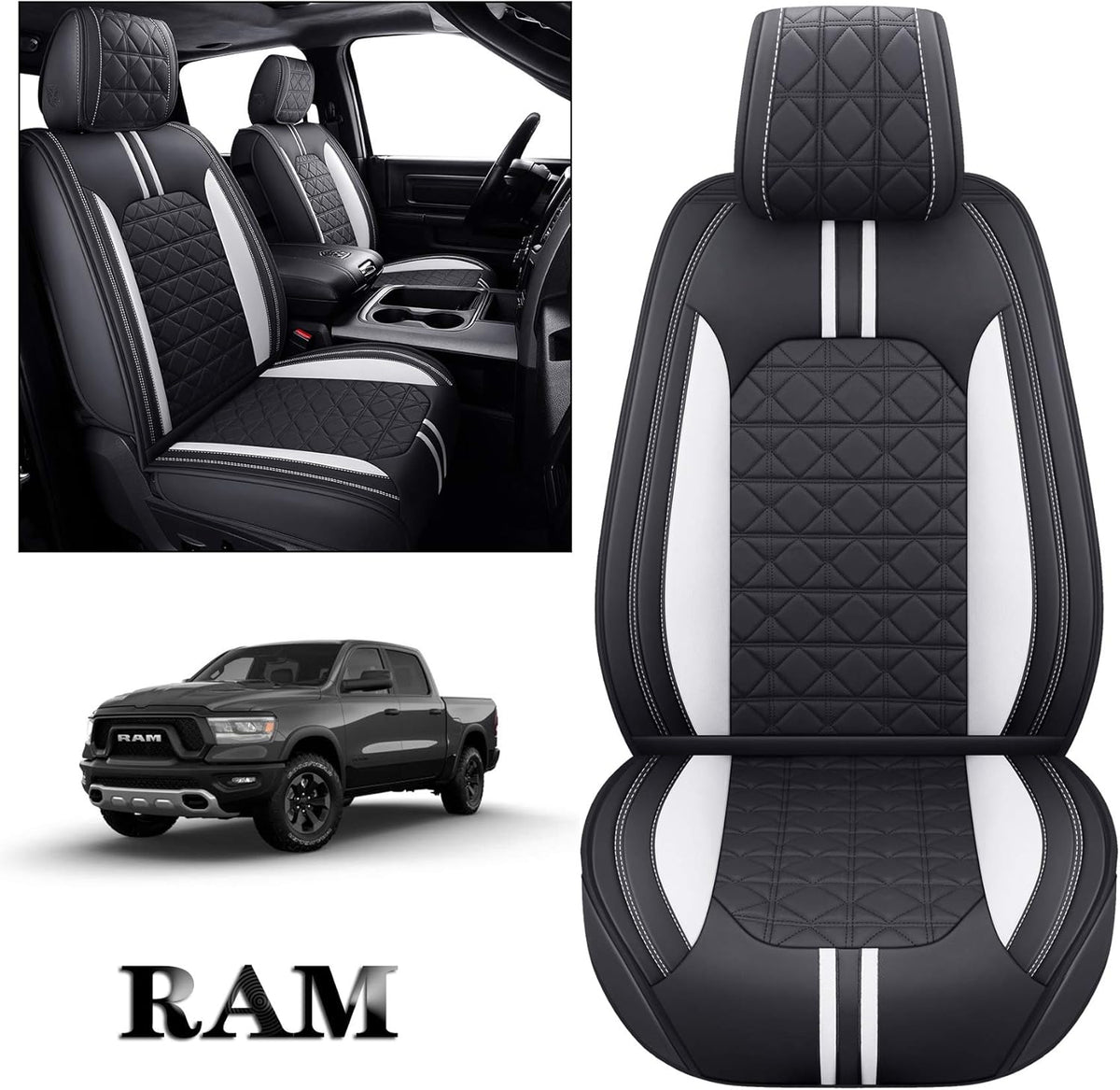Black-White Waterproof Faux Leather Front Seat Covers P62773