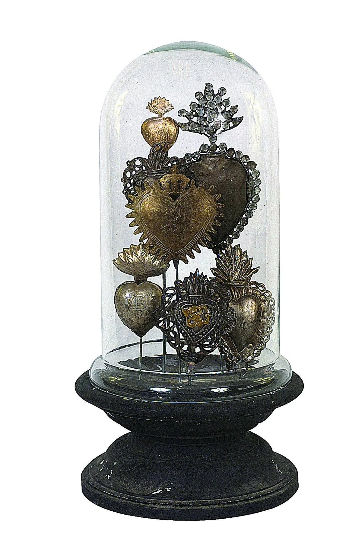 Sacred Hearts on Wood Pedestal with Glass Cloche X8926