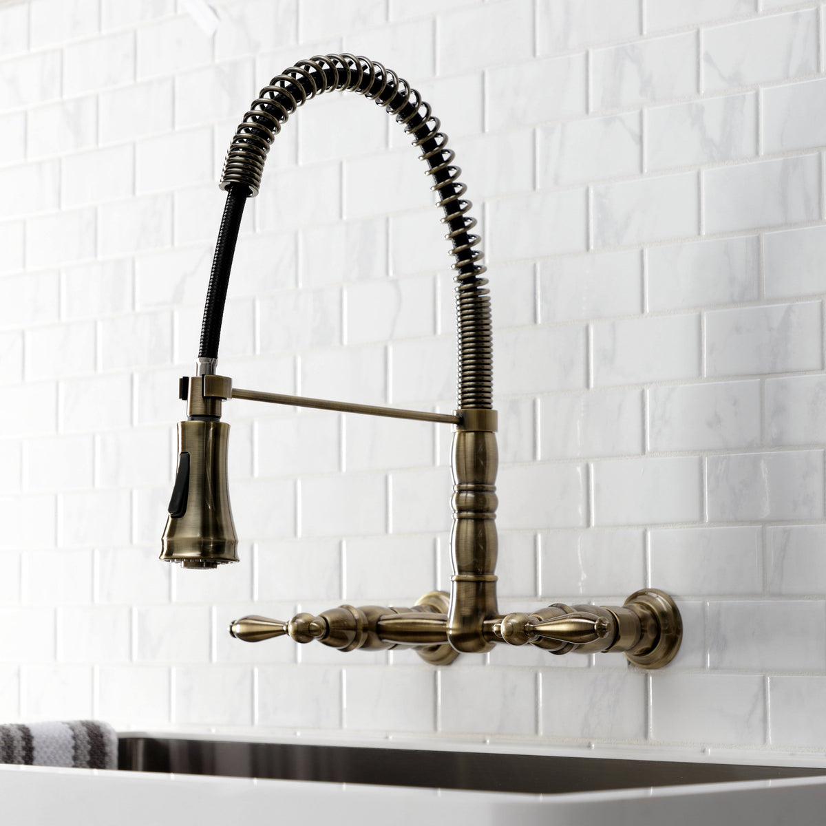 Antique Brass Wall-Mount Pull-Down Sprayer Kitchen Faucet D655