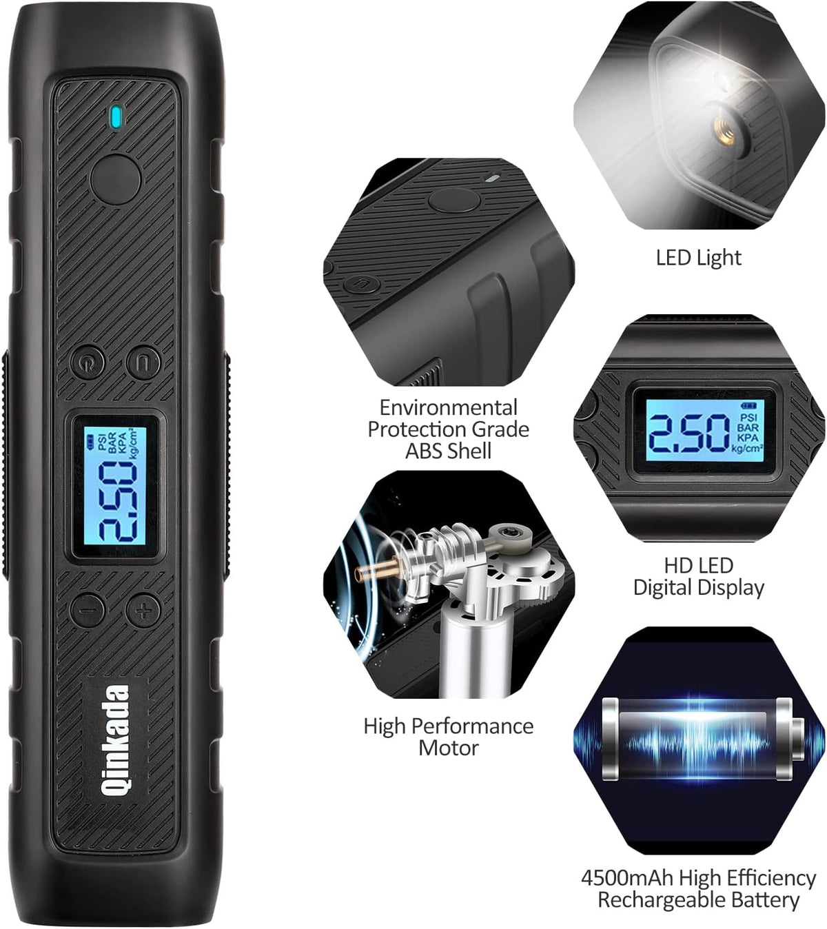 Portable Tire Inflator Air Compressor Pump 4500mAh Rechargeable Li-ion Battery with LED Light C8900