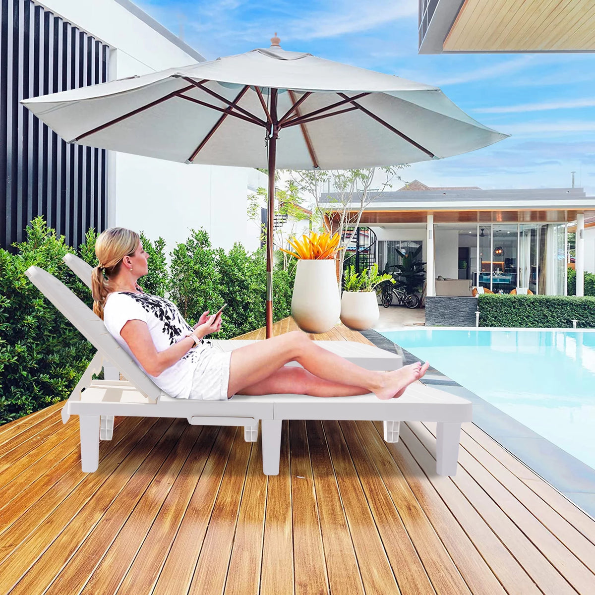 2 Pieces Patio Chaise Lounge Set with Side Table, White I708972