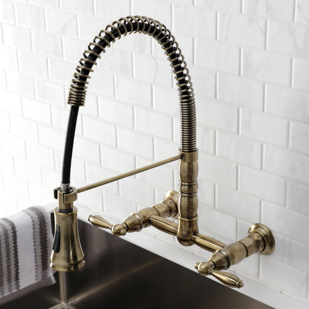 Antique Brass Wall-Mount Pull-Down Sprayer Kitchen Faucet D655