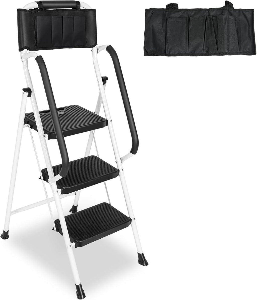 White 3 Step Ladder with Handrails & Attachable Tool Bag, 500 lbs Folding Step Stool X9543