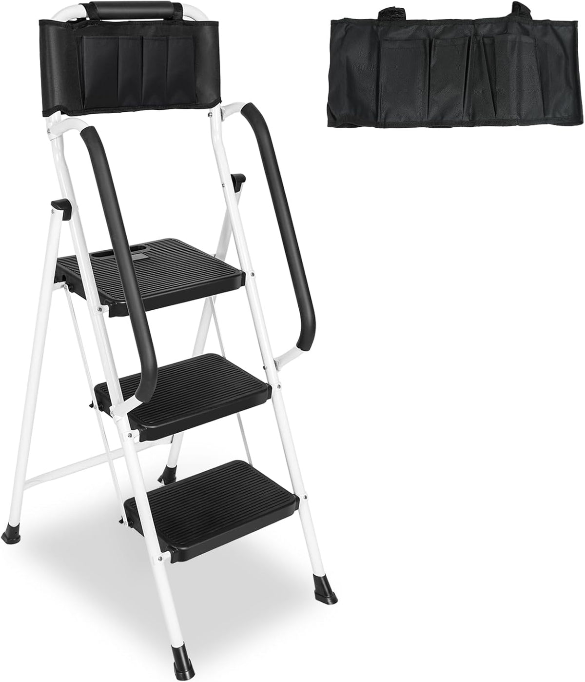 White 3 Step Ladder with Handrails & Attachable Tool Bag, 500 lbs Folding Step Stool X9543