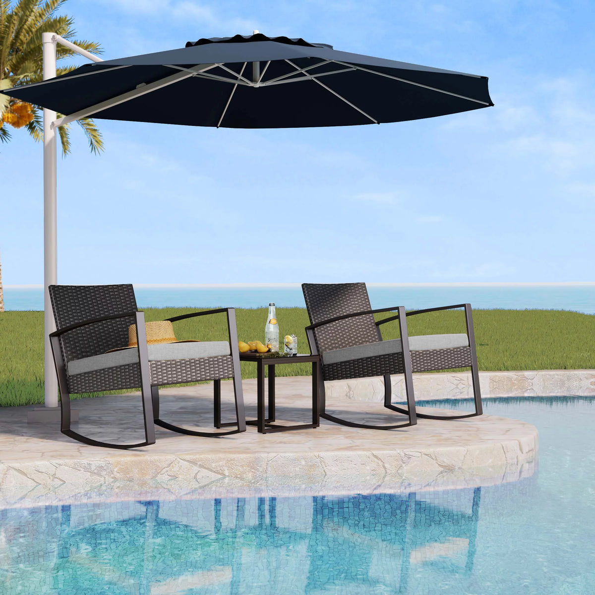 3 Pieces Wicker Patio Set with Glass Table Grey Cushion V3677