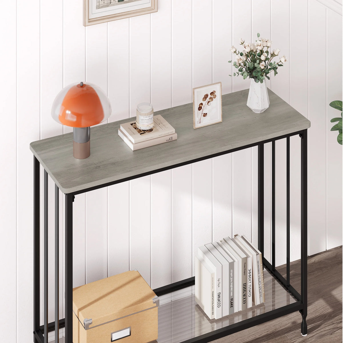Gray Console Table with Glass Shelf and Metal Frame G16539